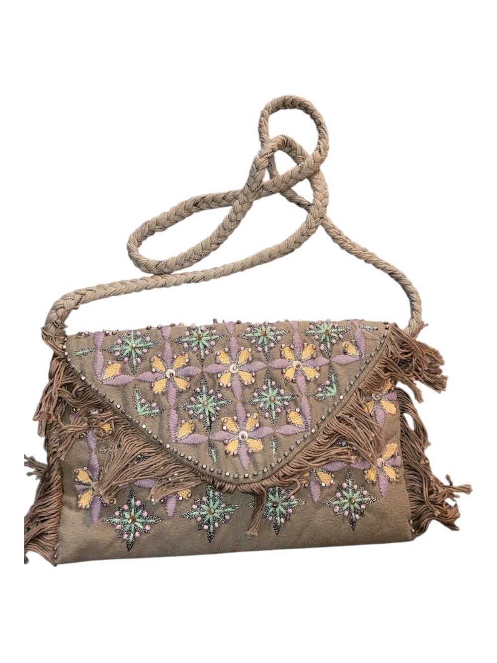Boho Handbag Purse Shoulder Strap Stitched Flowers Beaded Accents Unique